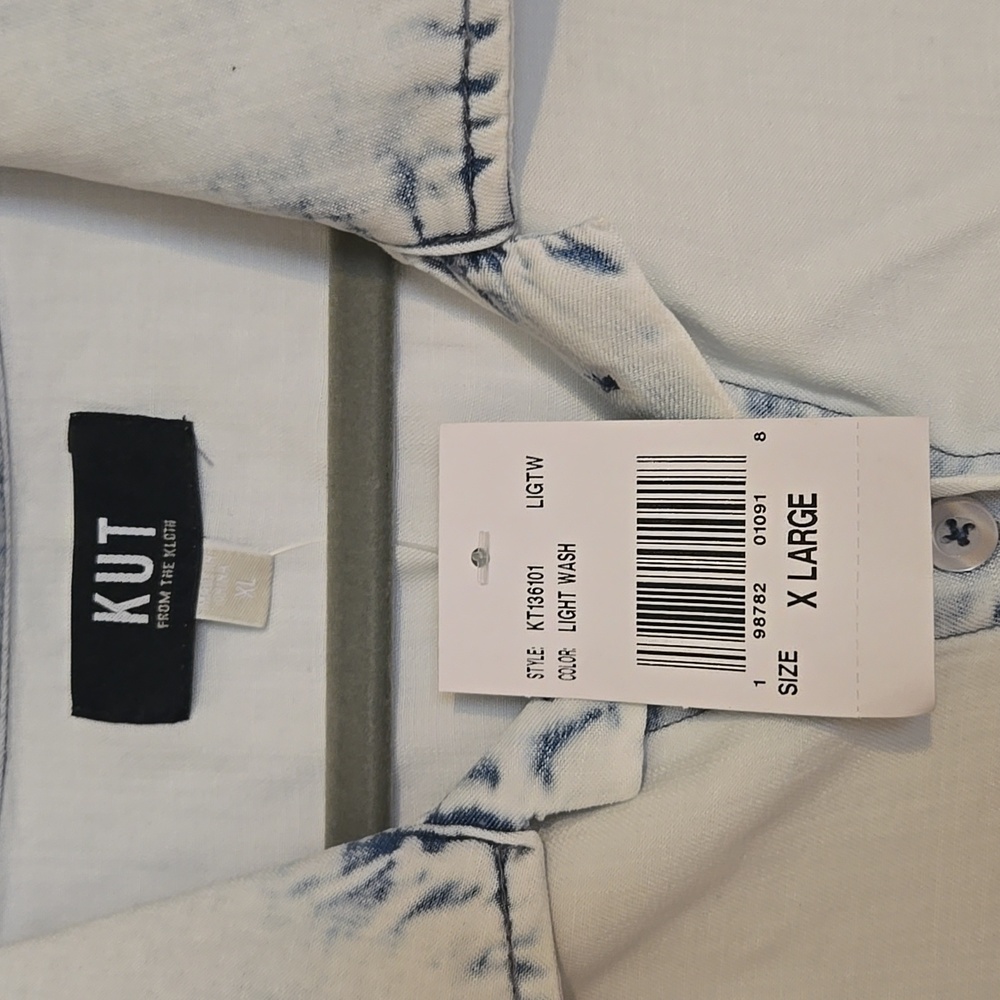 Kut from the Kloth White Button-Front Shirt with Blue Acid Wash Trim Sz XL NWT - Picture 4 of 7